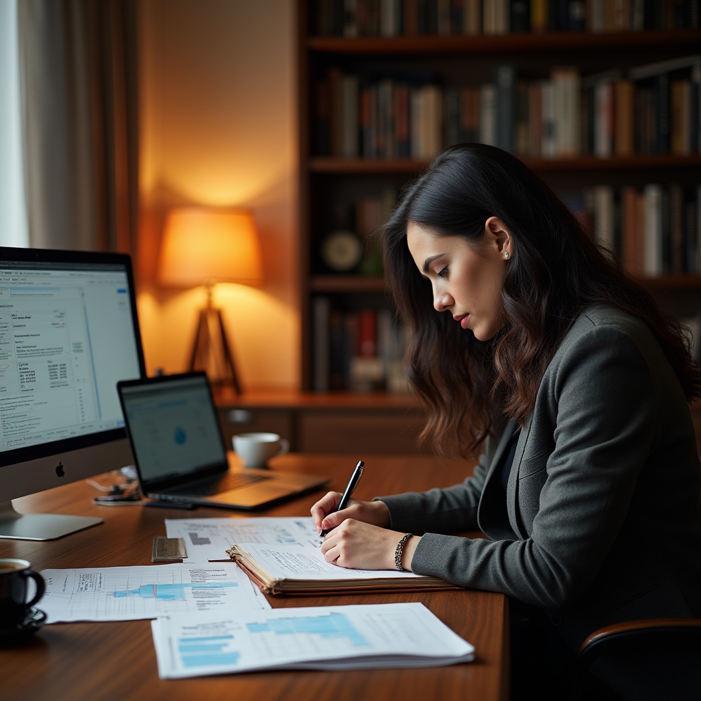Автор методологии за рабочим столом с финансовыми документами