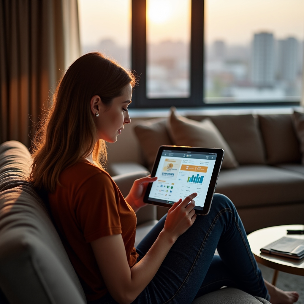 Анализ личного бюджета с графиками расходов на планшете